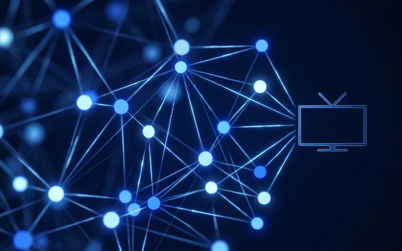 Abstract 3D editorial visualization of a neural network glowing cobalt blue connecting to a TV screen