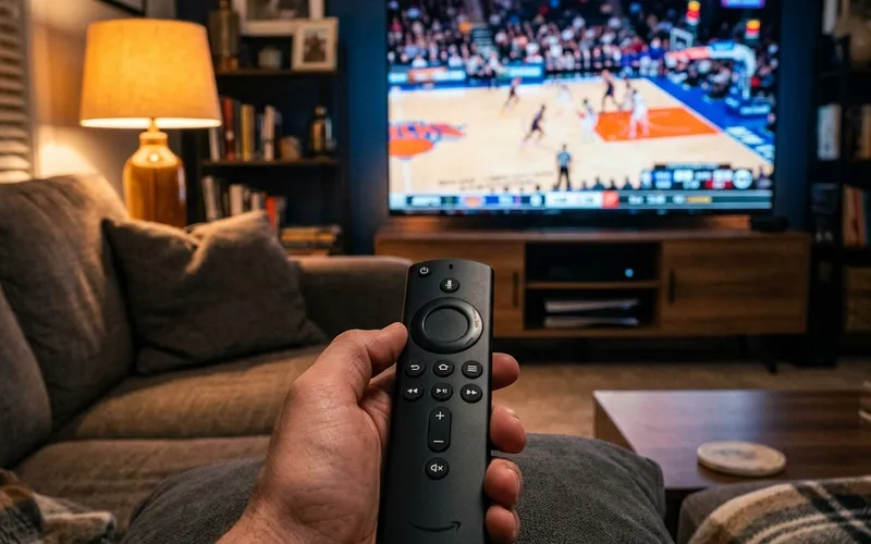 First person perspective of an American living room holding a Firestick remote