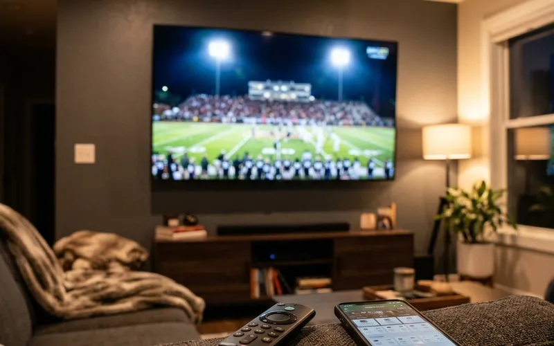 First person perspective of an American living room watching American football on TV