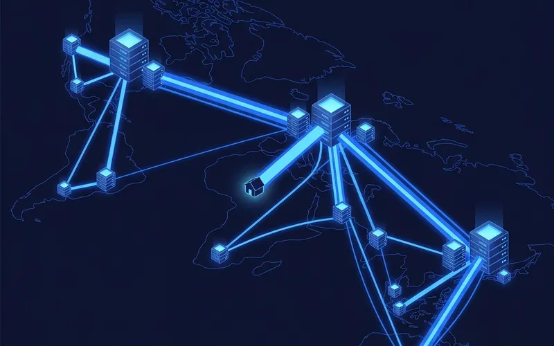 Isometric 3D world map showing glowing server cube nodes connected by bright light beams
