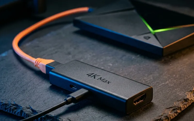 Close-up of a Firestick 4K Max and Nvidia Shield connected via ethernet