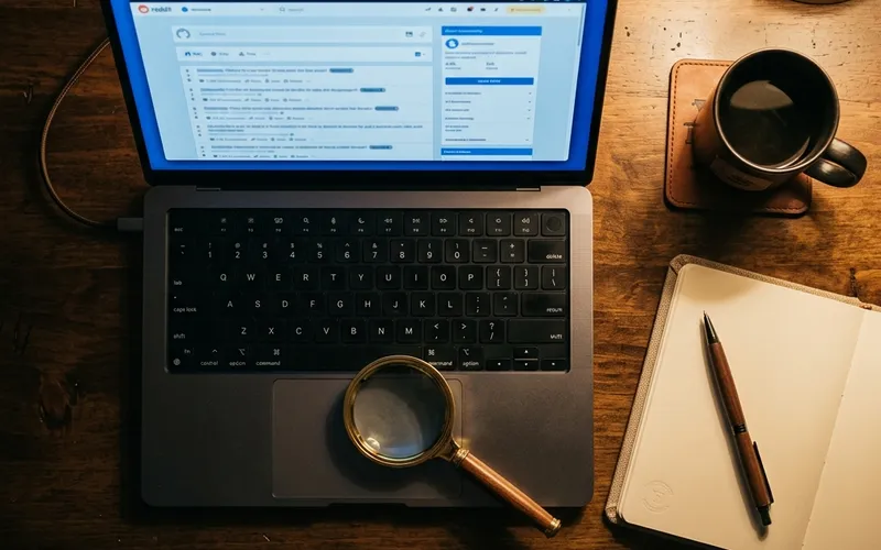 Overhead view of a laptop showing a blurred discussion forum, a magnifying glass, and a notebook