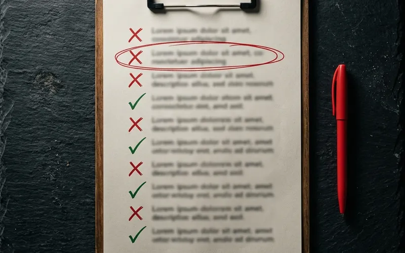 Clipboard with a paper checklist showing alternating red X marks and green checkmarks
