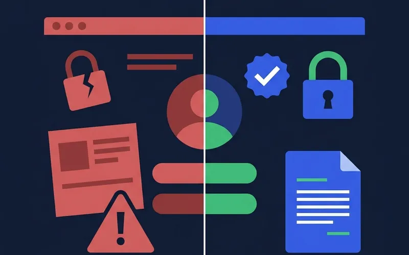 Split screen showing a suspicious red interface on the left and a secure verified green interface on the right