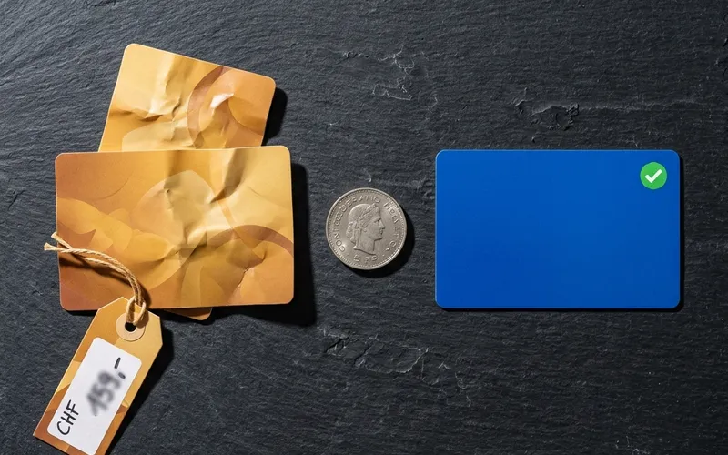 Minimalist editorial flat-lay on a dark slate surface, two objects side by side showing subscription cards