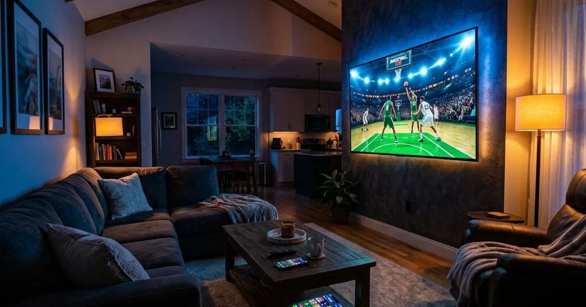 American living room with NBA game streaming on smart TV