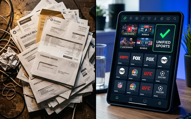 Split screen comparing an expensive cable bill to a sleek sports streaming app