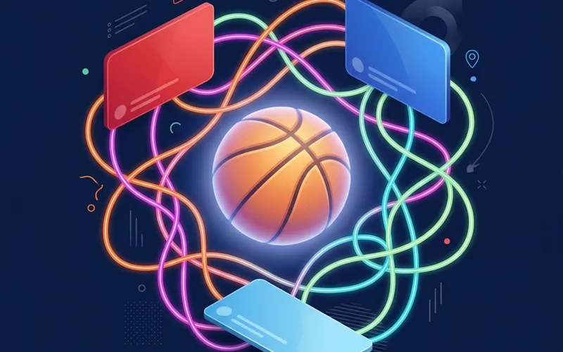 Editorial 3D flat design illustration showing streaming platforms surrounding a basketball