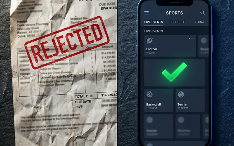 Split screen comparing an expensive invoice to a sleek sports streaming app