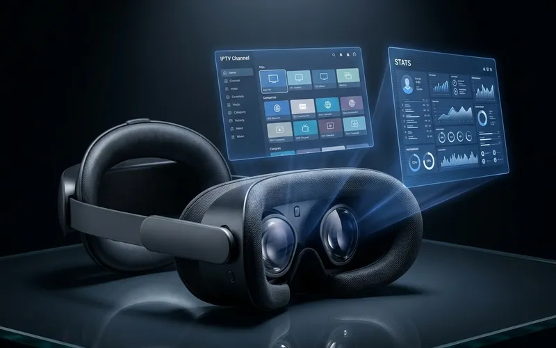Spatial computing headset projecting holographic IPTV channel grids and sports statistics