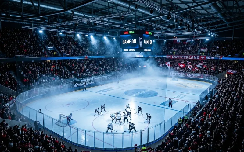 Wide panoramic interior photograph of a large Swiss indoor ice hockey arena