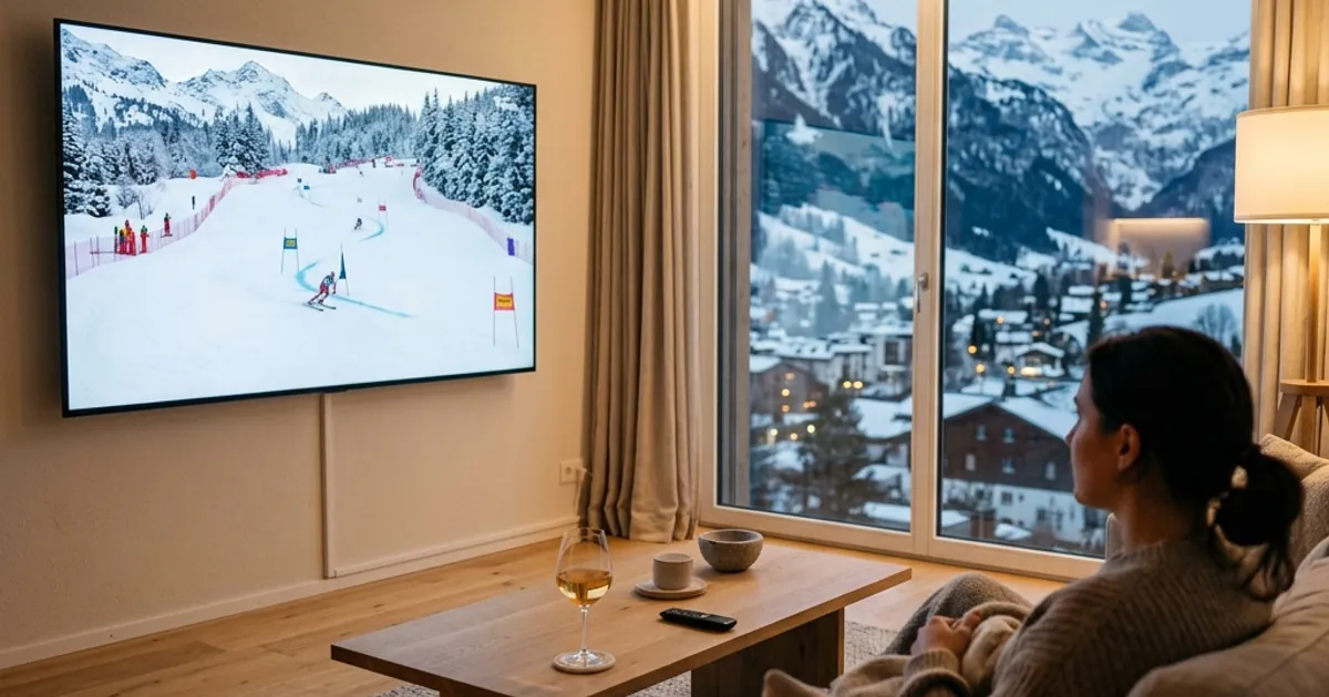 Swiss apartment with Alpine ski race on TV via IPTV in 2026