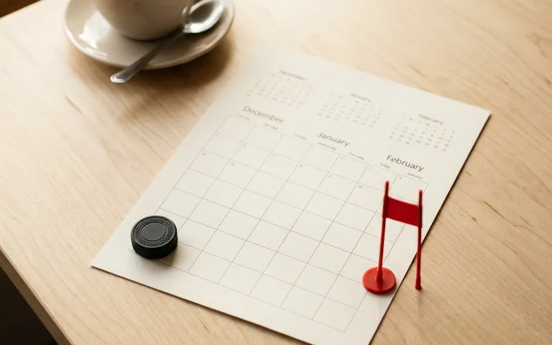 Overhead flat-lay editorial photograph on light natural birch wood surface of a calendar