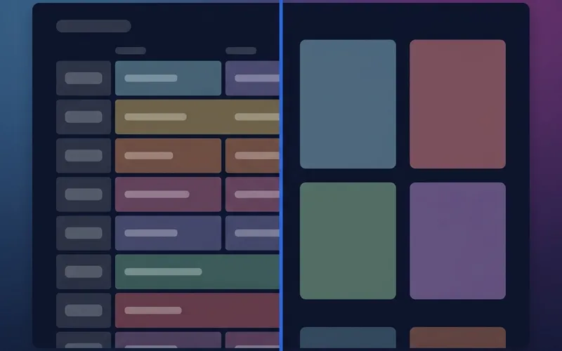 Split screen showing a dark grid TV guide on the left and a tile-based dashboard on the right