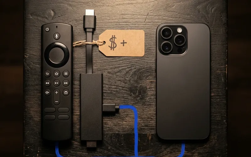 A Firestick remote and an iPhone placed together on a desk, suggesting multi-device usage