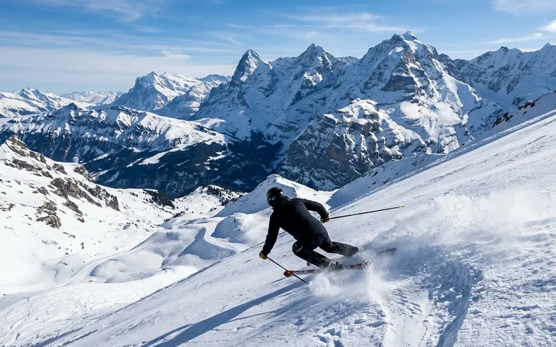 Action photography of an alpine ski racer carved at high speed through a red race gate
